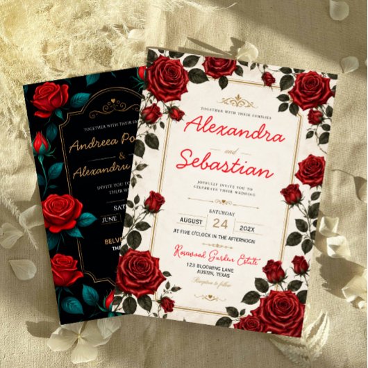 Red Rose Romantic Floral Elegant Rose Garden 招待状