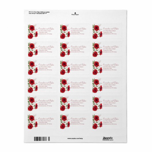 Red Rose Romantic Wedding Address Labels ラベル (フルシート)