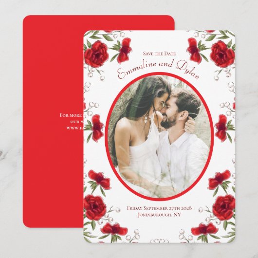 Red Rose Romantic Wedding Photo Save the Date 招待状 (正面/裏面)