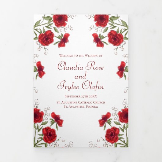 Red Rose Romantic Wedding Programs 三つ折りプログラム (カバー)
