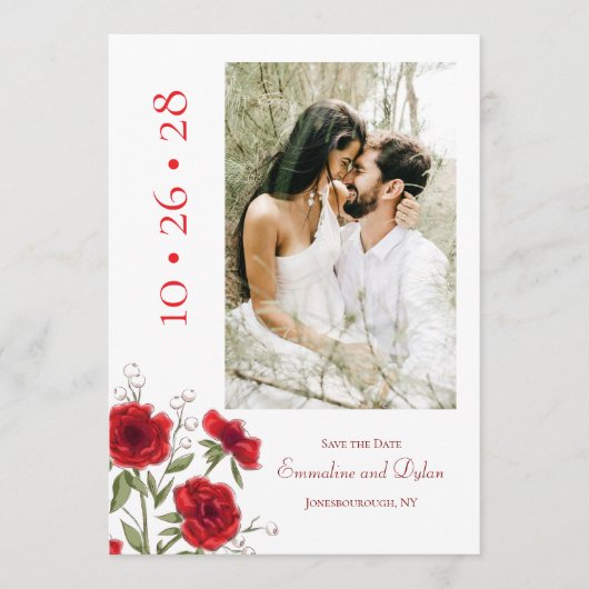 Red Rose Romantic Wedding Save the Date 招待状 (正面)