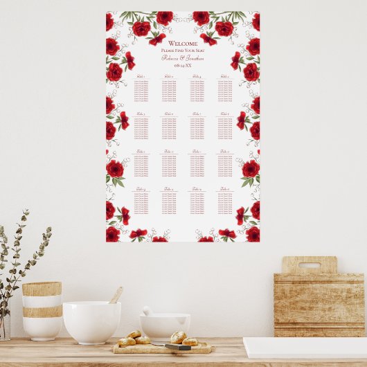 Red Rose Romantic Wedding Seating Chart ポスター (キッチン)