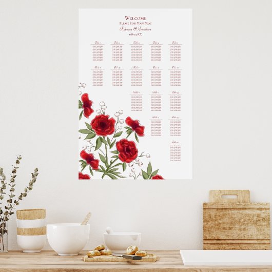 Red Rose Romantic Wedding Seating Chart ポスター (キッチン)