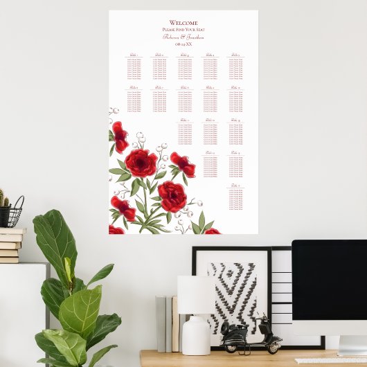 Red Rose Romantic Wedding Seating Chart ポスター (ホームオフィス)