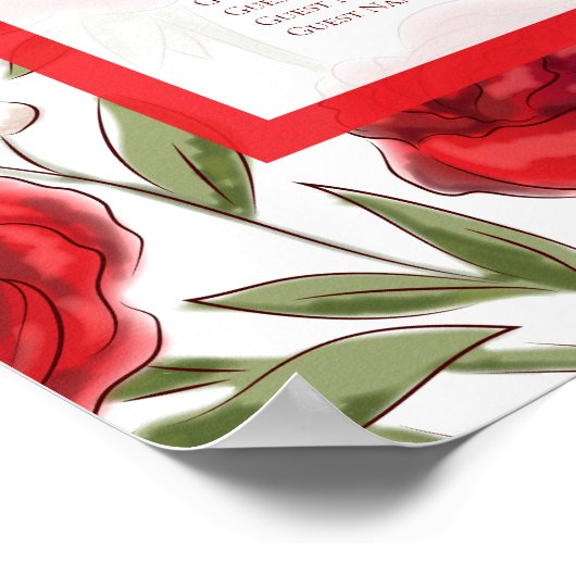Red Rose Romantic Wedding Seating Chart ポスター (角)
