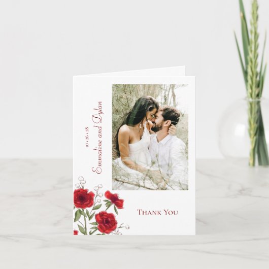 Red Rose Romantic Wedding Thank You Cards Photo 招待状 (正面)