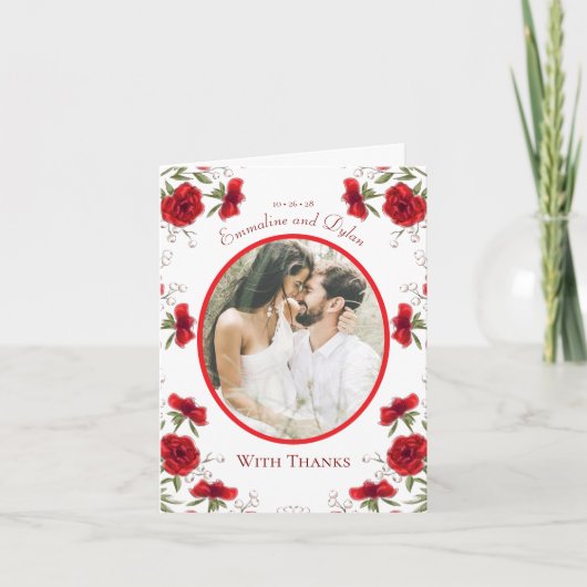 Red Rose Romantic Wedding Thank You Cards Photo 招待状 (正面)