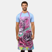 Red Rose Roses Watercolour Floral Flowers Flower エプロン (着用した状態)