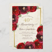 Red Rose Watercolor Floral Gold 40th Anniversary 招待状 (正面/裏面)