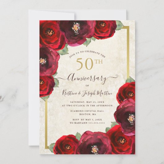 Red Rose Watercolor Floral Gold 50th Anniversary 招待状 (正面)