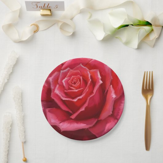 Red Rose Watercolor Formal Floral Wedding ペーパープレート (ウェディング)