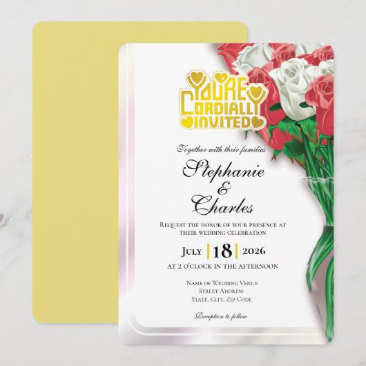 Red Rose Wedding Invitation - Gold Lettering 3 招待状 (正面/裏面)