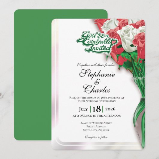 Red Rose Wedding Invitation - Green Lettering 1 招待状 (正面/裏面)