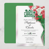 Red Rose Wedding Invitation - Green Lettering 4 招待状 (正面/裏面)
