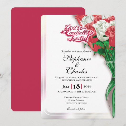 Red Rose Wedding Invitation - Red Lettering 1 招待状 (正面/裏面)
