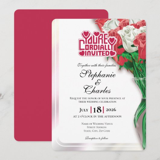 Red Rose Wedding Invitation - Red Lettering 3 招待状 (正面/裏面)