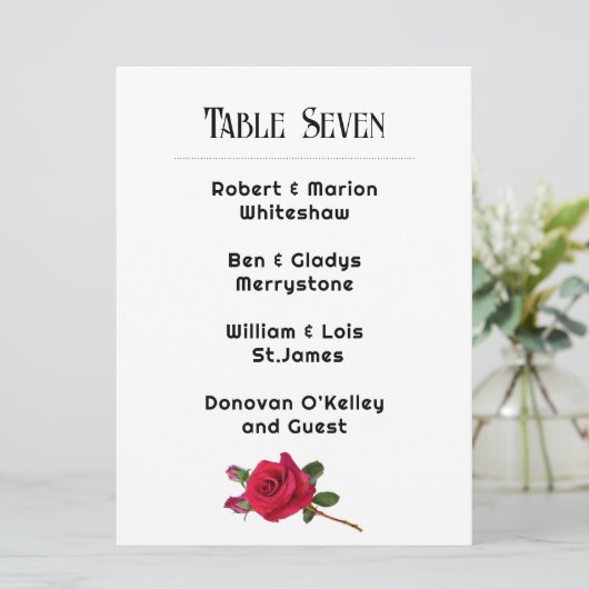 Red Rose Wedding Table Number Name List Card プログラム (スタンド正面)