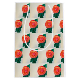 Red Rose with Green Leaves ミディアムペーパーバッグ