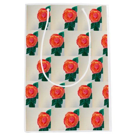 Red Rose with Green Leaves ミディアムペーパーバッグ (正面)