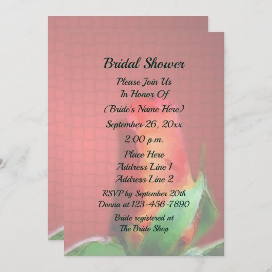 Red Rosebud Flower Bridal Shower  招待状 (正面/裏面)