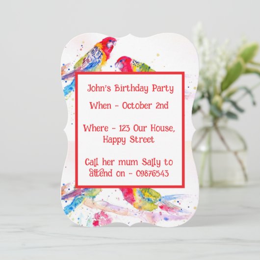 Red Rosella Parrot Boys Birthday Invitation 招待状 (スタンド正面)