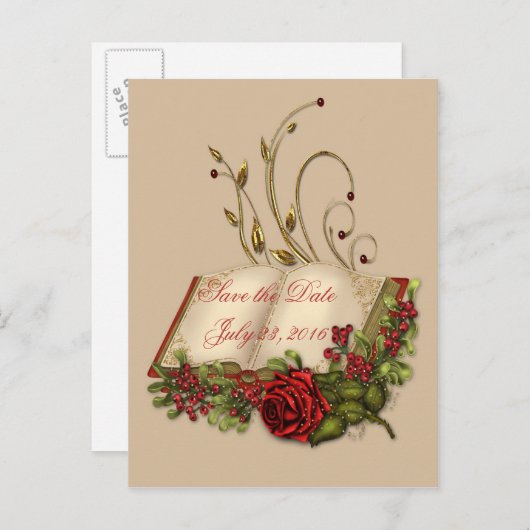 Red RosesとOpen Bibleが飾られた日付を保存 案内ポストカード (正面/裏面)