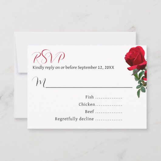 Red Rosesのメニュ結婚ーのエントリーRSVPカード 招待状 (正面)