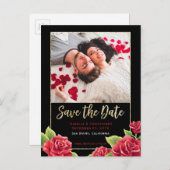Red Rosesブラック&金ゴールドグリッターSave the Date Photo 案内ポストカード (正面/裏面)