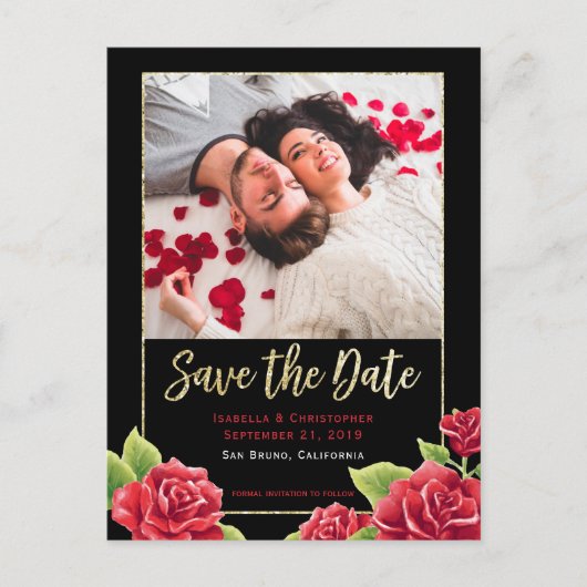 Red Rosesブラック&金ゴールドグリッターSave the Date Photo 案内ポストカード (正面)