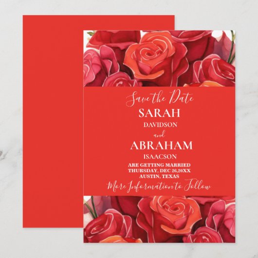 Red Roses日付を保存 招待状 (正面/裏面)