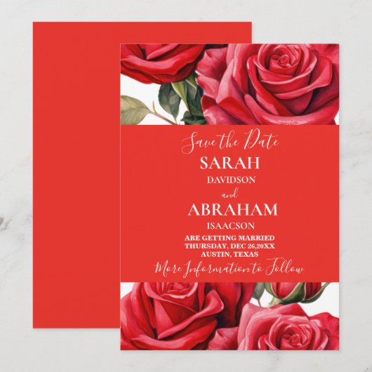Red Roses日付を保存 招待状 (正面/裏面)