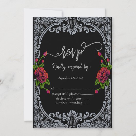 Red Roses,ストライプGothic RSVP 招待状 (正面)