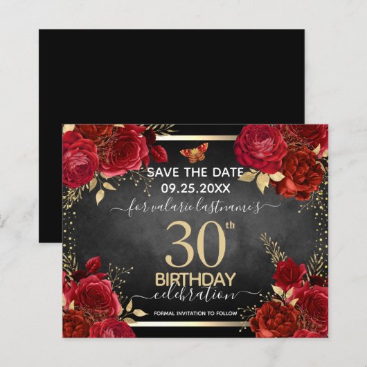 Red Roses 30th Birthday Save the Date Budget (正面/裏面)