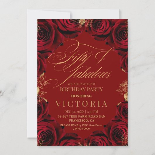 Red Roses 50thと素晴らしい誕生日パーティー 招待状 (正面)