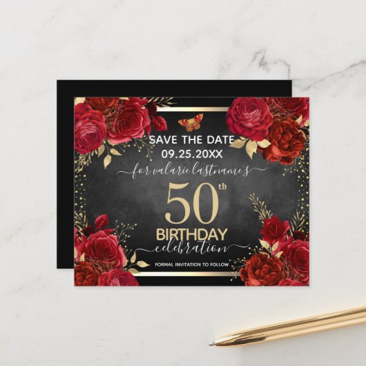 Red Roses 50th誕生日Save the Date Budget (正面/裏面インサイチュ)