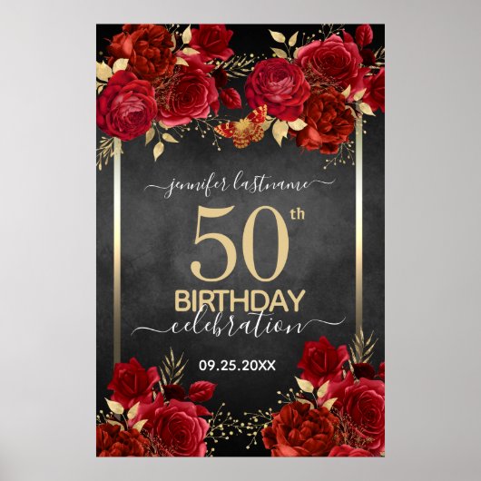 Red roses 50th birthday Large Format  ポスター (正面)