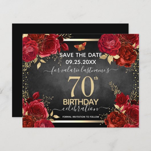 Red Roses 70th誕生日Save the Date Budget (正面/裏面)