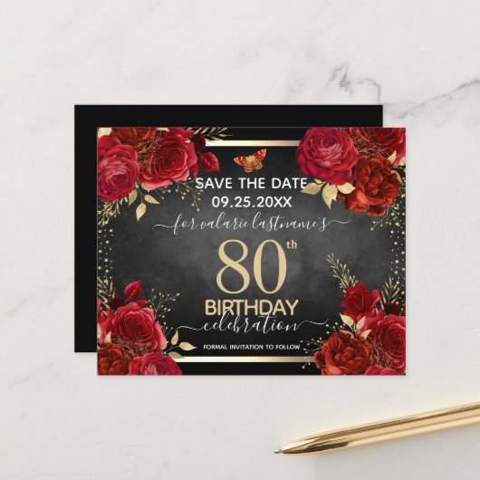 Red Roses 80th誕生日Save the Date Budget (正面/裏面インサイチュ)