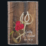 Red Roses and Horse Bit Country Western Wedding スローブランケット<br><div class="desc">Personalize the charming Red Roses and Horse Bit Country Western Wedding Throw with the names of the bride and groom and their rural farm or western ranch theme marriage ceremony date to create a keepsake gift for an engagement party, bridal shower or marriage. This rustic chic custom equestrian theme nuptial...</div>