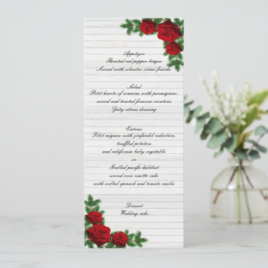 Red Roses And Pine Branch Christmas Wedding Menu メニュー (スタンド正面)