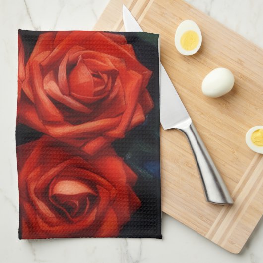 Red Roses Art Kitchen Towel キッチンタオル (四つ折り)