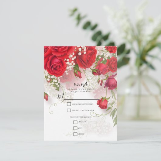 Red Roses & Babys Breath Elegant Floral R.S.V.P. 招待状 (スタンド正面)