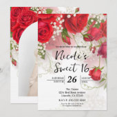 Red Roses & Babys Breath Elegant Floral Sweet 16 招待状 (正面/裏面)