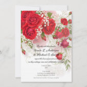 Red Roses & Babys Breath Elegant Floral Wedding  招待状 (正面)