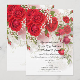 Red Roses & Babys Breath Elegant Floral Wedding  招待状