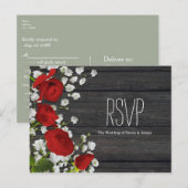 Red Roses & Baby's Breath on Wood RSVP インビテーションポストカード (正面/裏面)