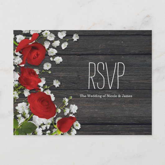 Red Roses & Baby's Breath on Wood RSVP インビテーションポストカード (正面)