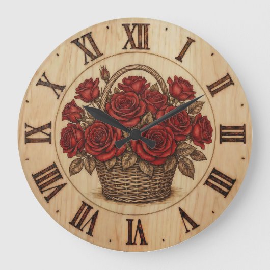 Red Roses Basket Wall Clock ラージ壁時計 (正面)