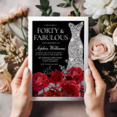 Red Roses & Black 40th Birthday Silver 箔招待状