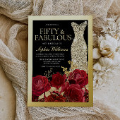Red Roses & Black 50th Birthday Gold 箔招待状